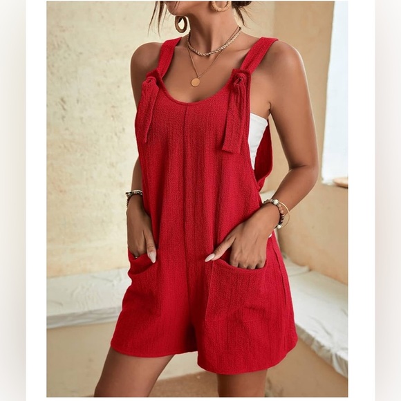Summer Women's Casual Rompers Knot Front Pocket Patched Overall Romper Medium - Picture 4 of 6